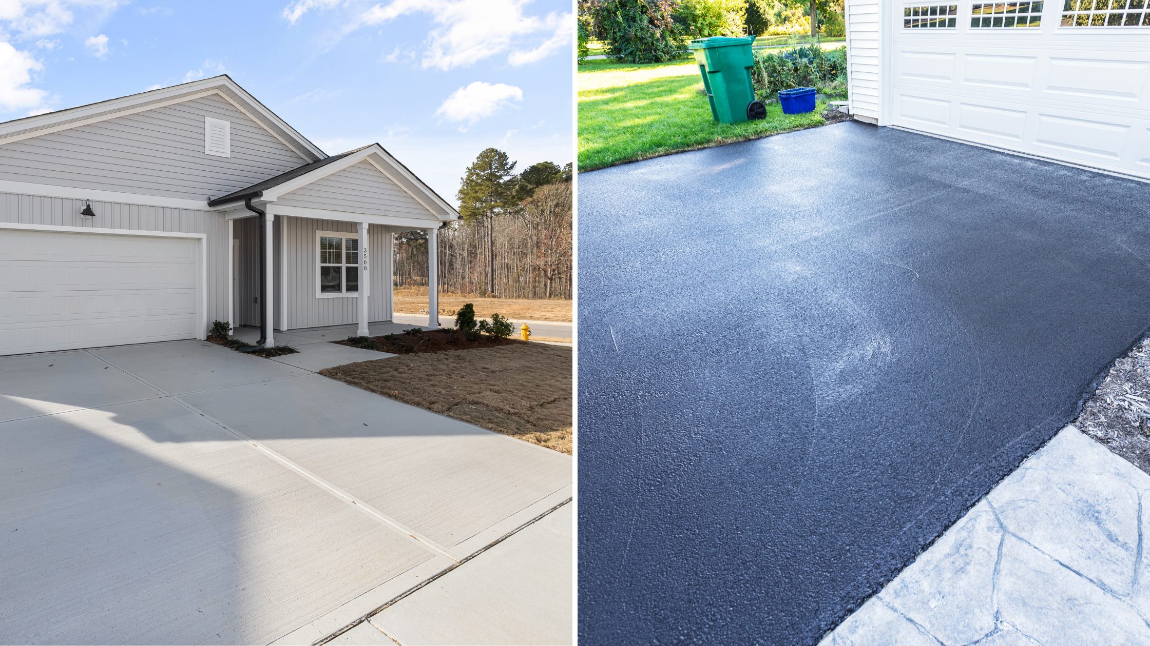 Side-by-side images feature a Concrete Driveway Greenville SC on the left and a sleek Asphalt Driveway Greenville SC in front of a garage on the right, offering a clear driveway comparison.
