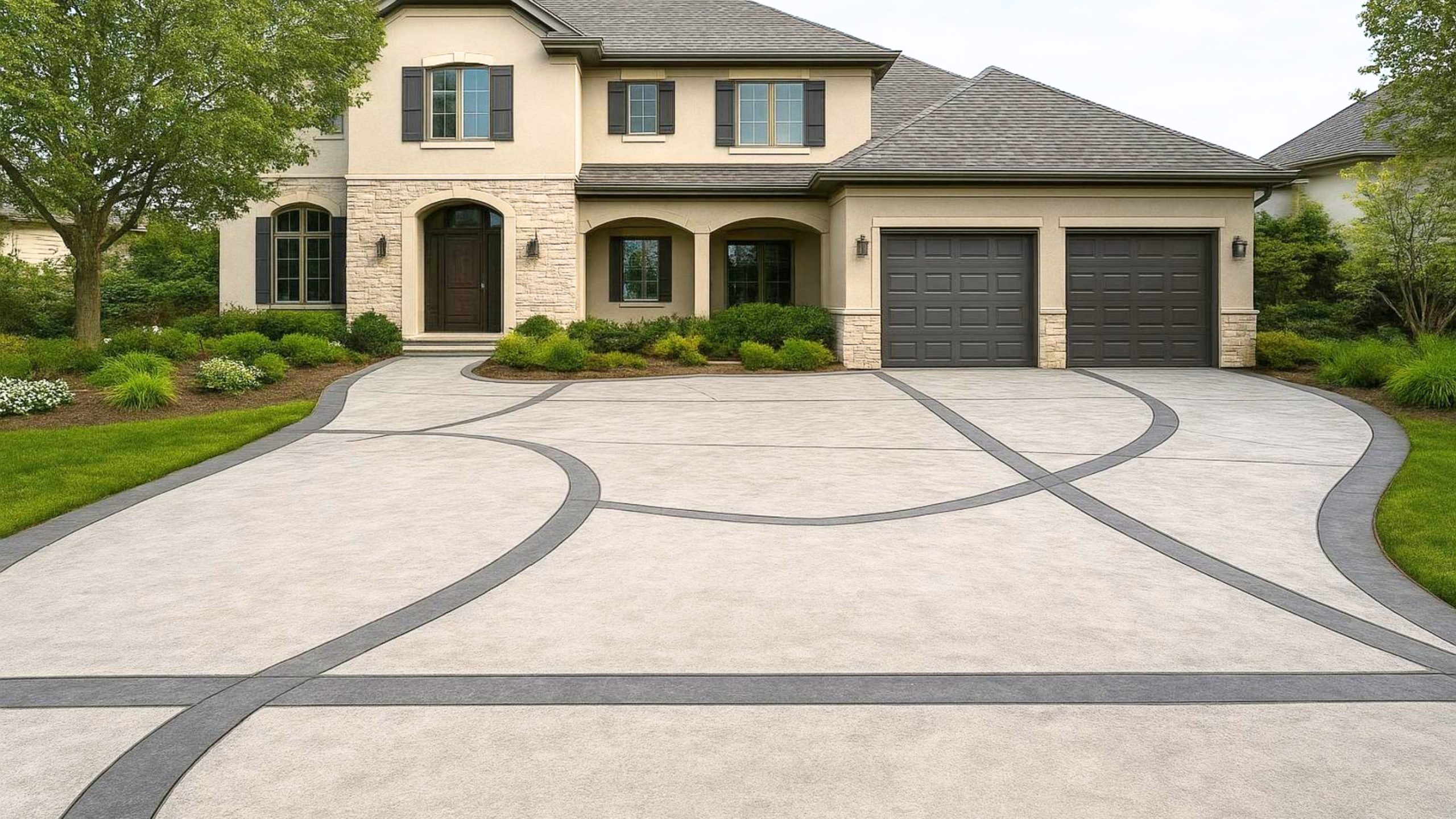 Large suburban house with beige and stone exterior, two-car garage, manicured lawn, and a wide stamped concrete driveway in Greenville SC featuring dark curved lines—a driveway worth admiring.