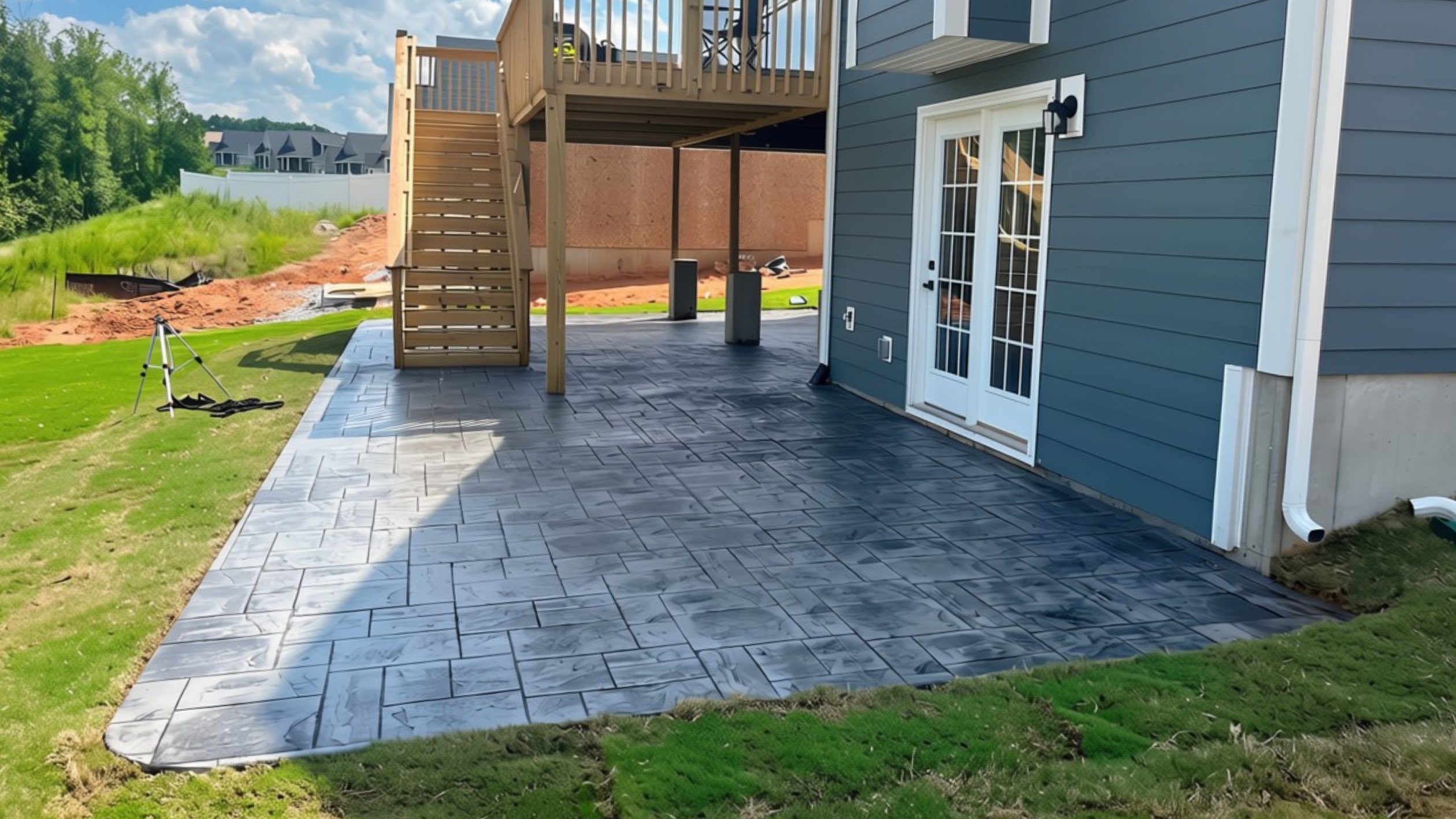 A backyard in Greenville SC features a large, dark stamped concrete patio beneath a wooden deck and staircase by a blue house with white-framed glass doors, lush grass, and landscaping—perfect for those curious about 2026 pricing guides or concrete patio cost.