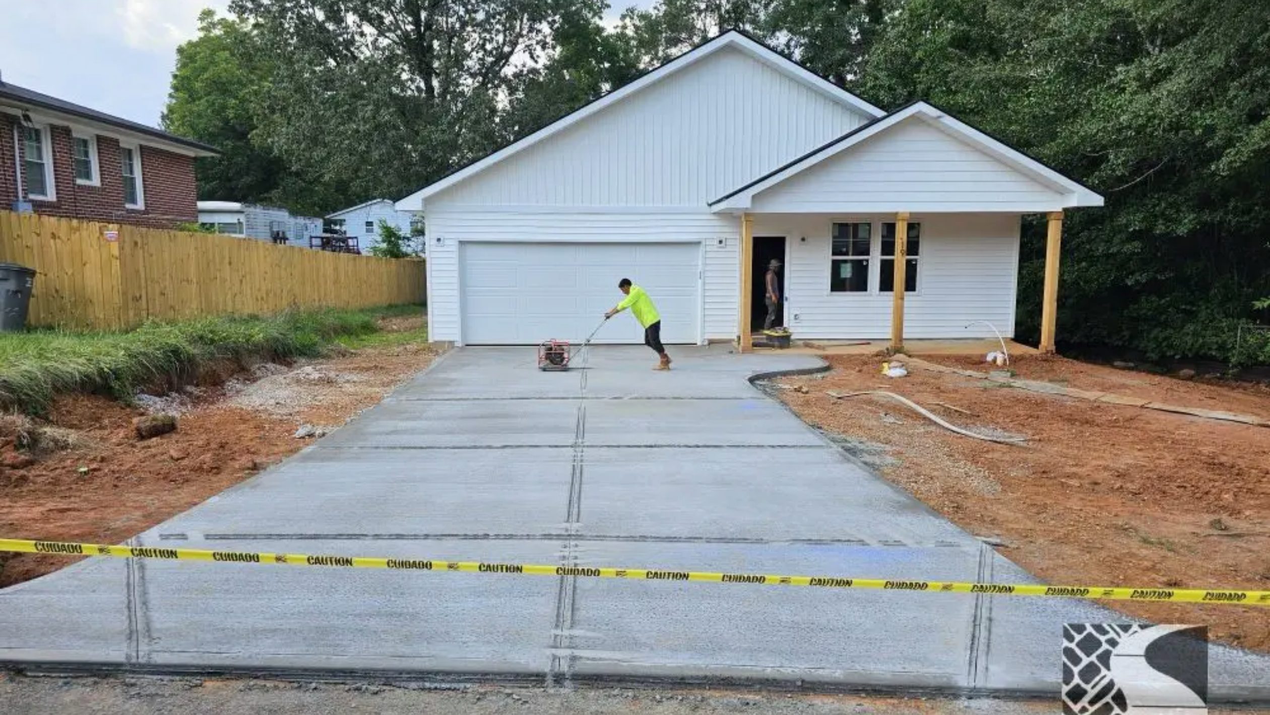 A worker smooths fresh concrete on a driveway in front of a white house under construction in upstate SC. Caution tape blocks the driveway, and the yard is unlandscaped with exposed soil—ideal precautions when you pour concrete in winter or during cold weather concrete projects.