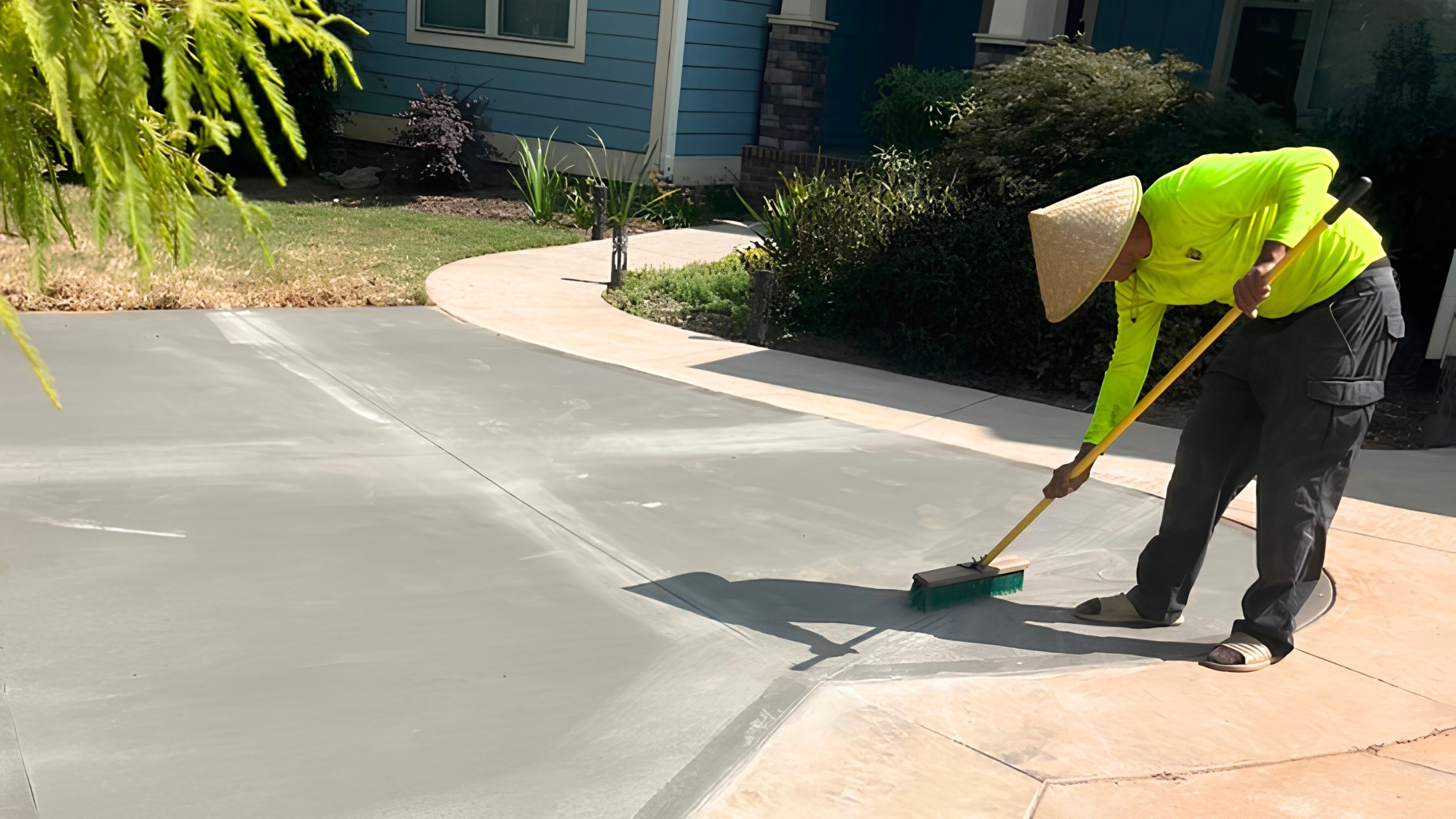 A person wearing a conical hat and bright shirt sweeps a broom over a freshly poured concrete driveway outside a house, working under the sun.