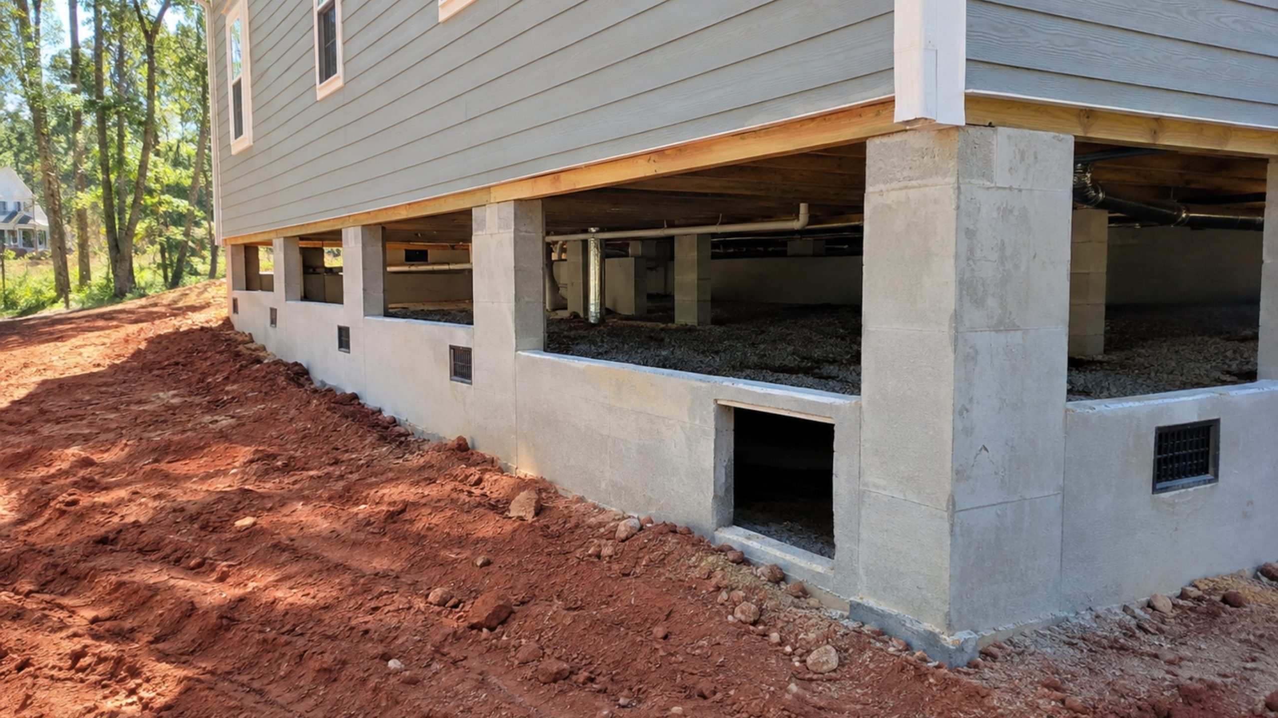 A close-up of a house foundation with exposed concrete piers, open crawl space, and freshly graded red dirt around the exterior. The house has gray siding and multiple crawl space vents.