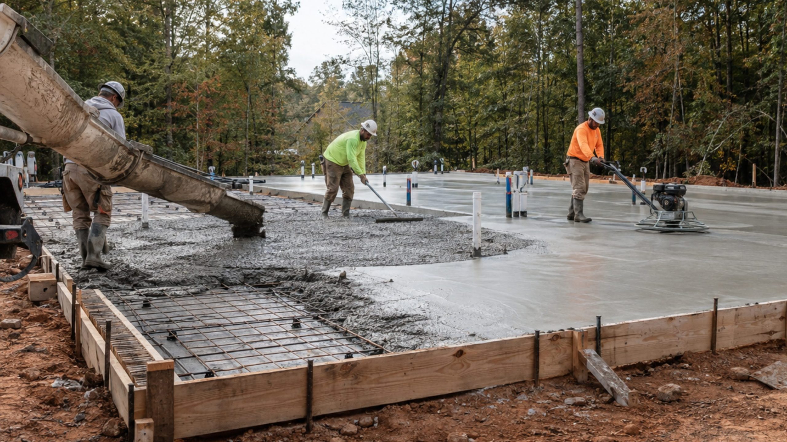 Three construction workers pour, spread, and smooth concrete on a building foundation at a worksite surrounded by trees. Wooden framing and exposed rebar are visible in the dirt in the foreground.