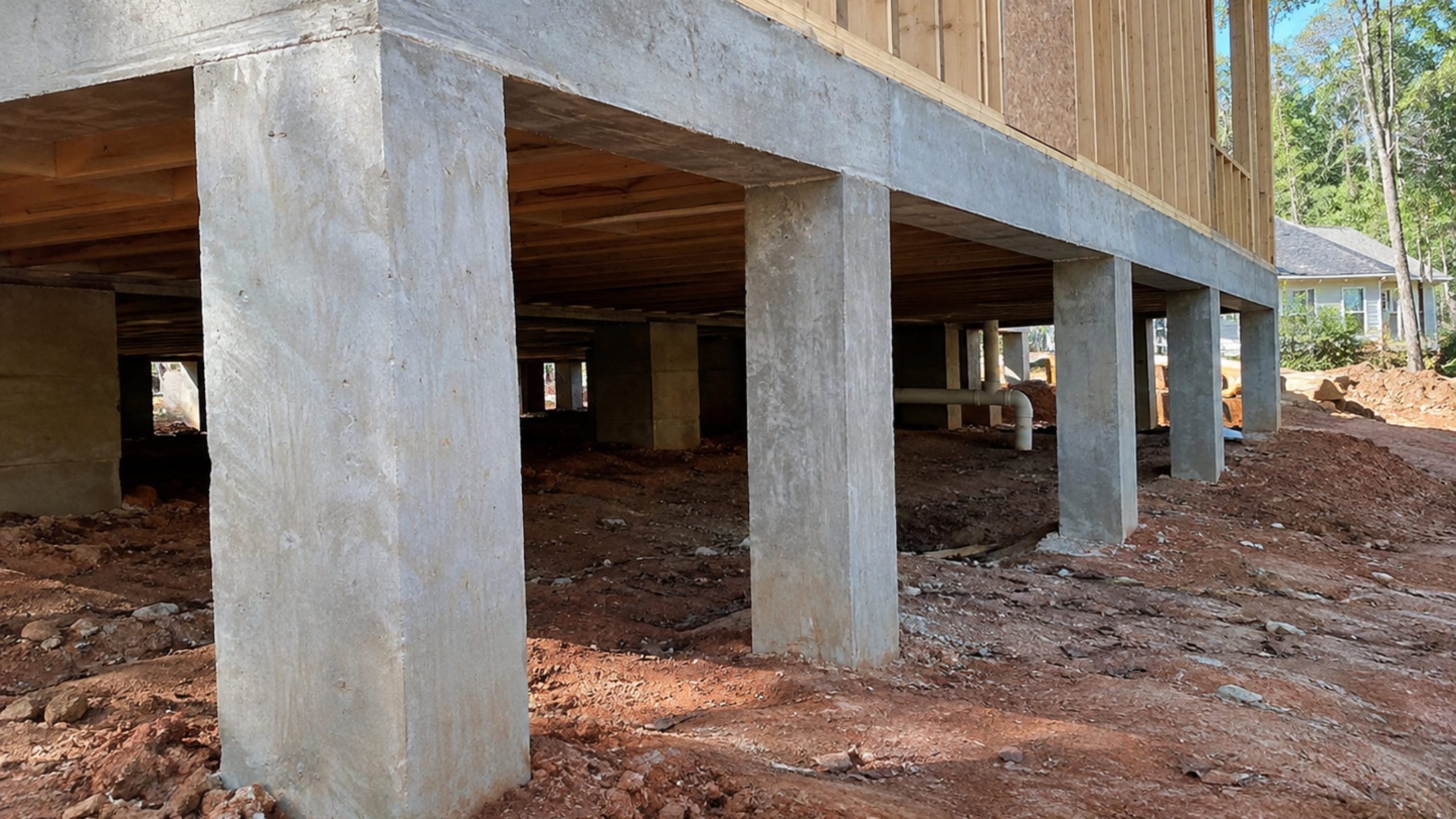A low-angle view of a house under construction, showing the wooden floor joists resting on a series of tall, sturdy concrete support pillars over a dirt crawl space, with a white plumbing pipe visible beneath the structure.