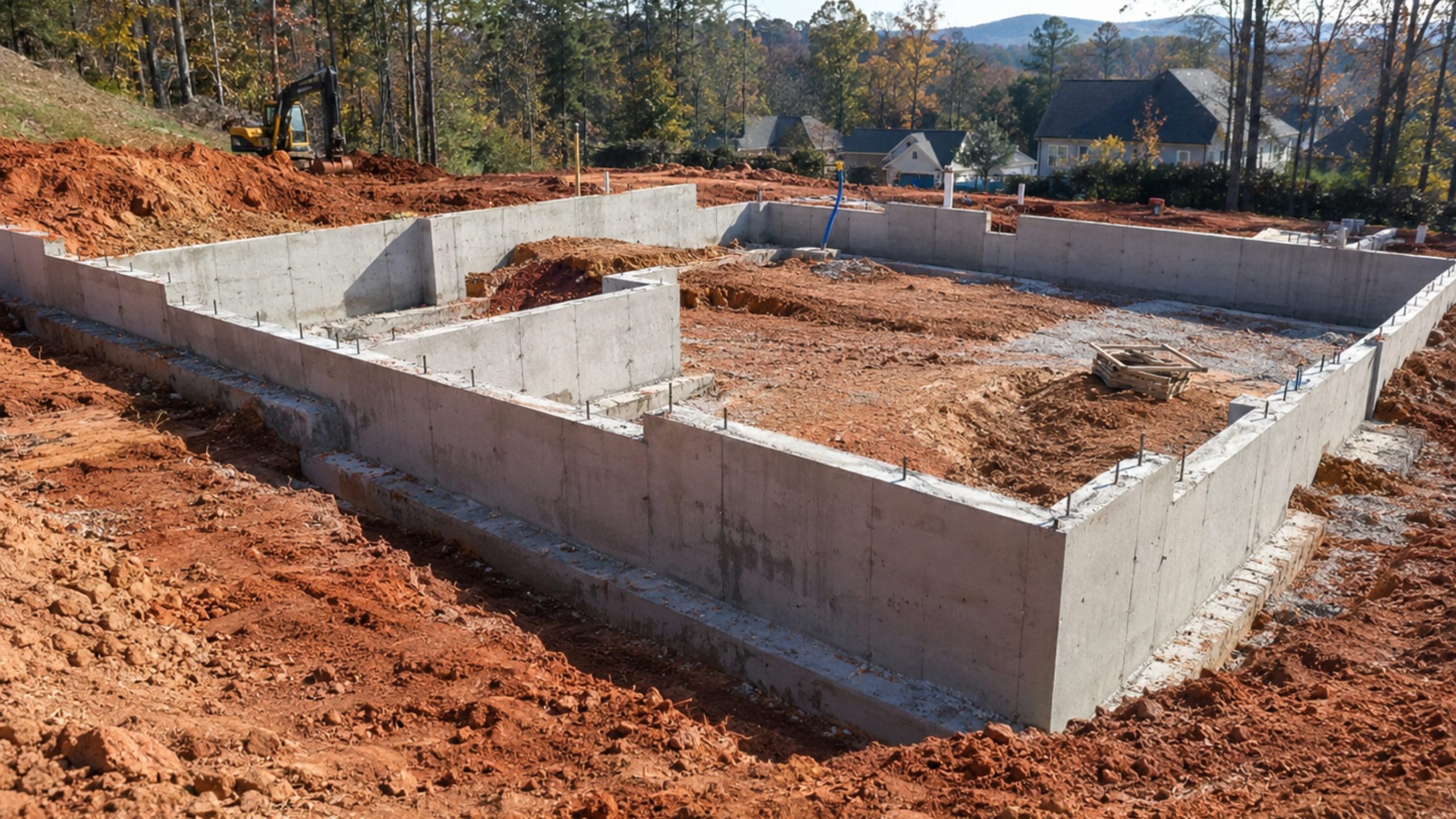 Concrete foundation for a house under construction, surrounded by red dirt and earthmoving equipment, with trees and houses in the background.