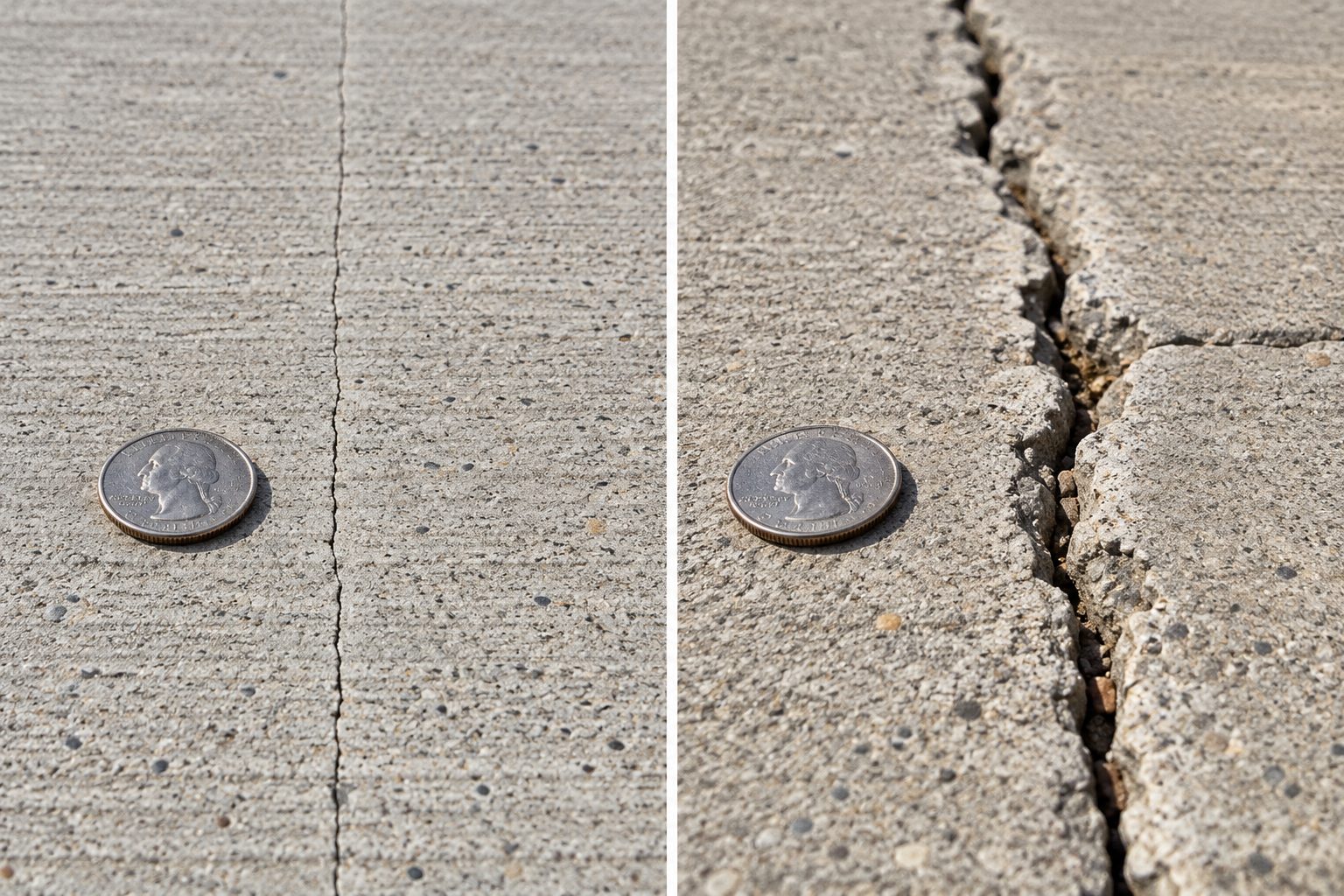 A coin is placed next to a thin concrete crack on the left and beside a wider, uneven crack on the right, illustrating pavement deterioration.