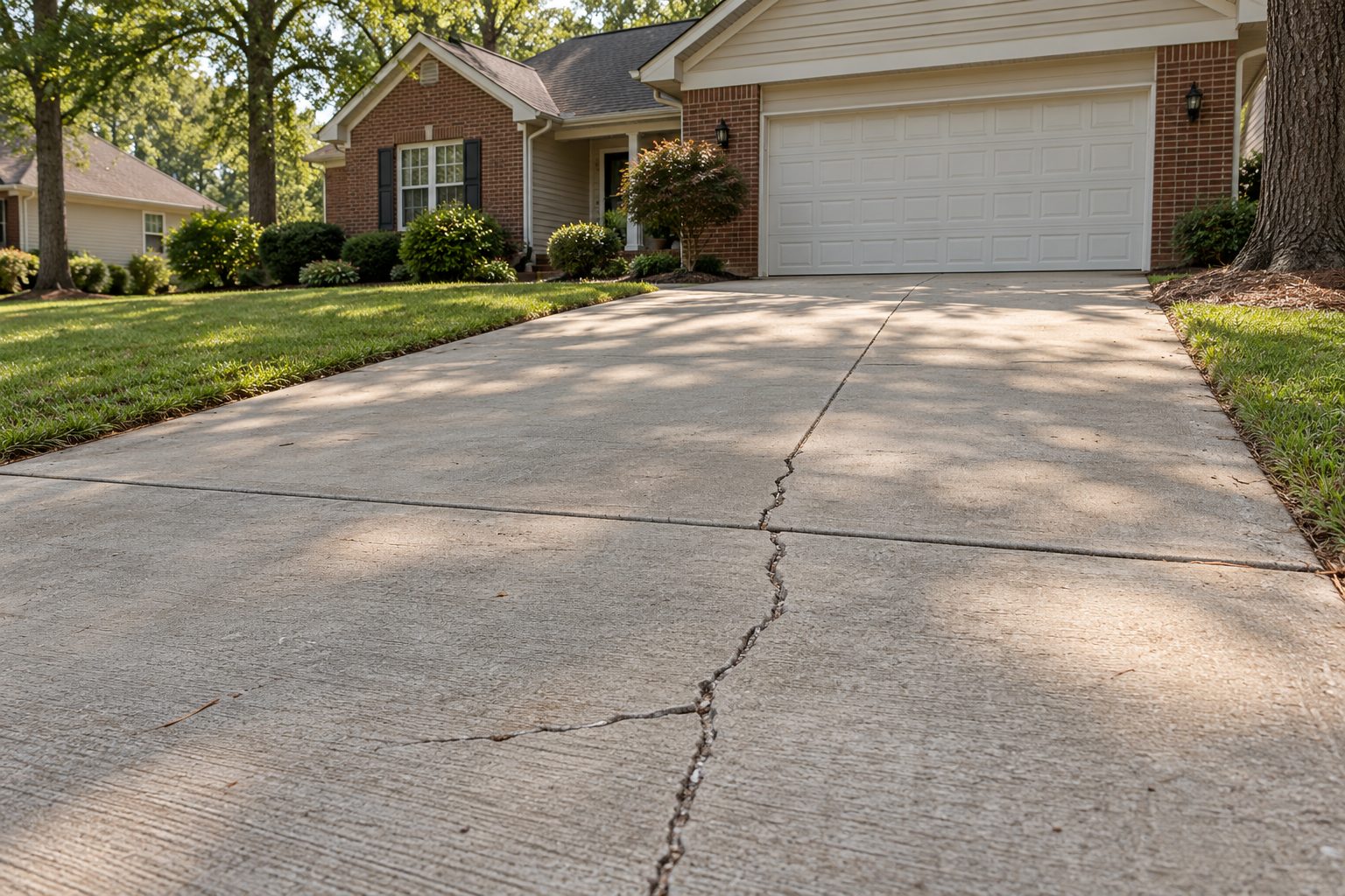 A concrete driveway in Upstate SC leads to a house with a white garage door and a noticeable concrete crack down the middle. Learn about causes and prevention while enjoying the lush grass, bushes, and trees surrounding the home.