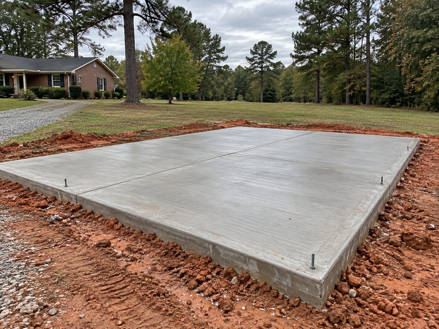A newly poured rectangular concrete slab in a grassy yard, surrounded by disturbed red soil.