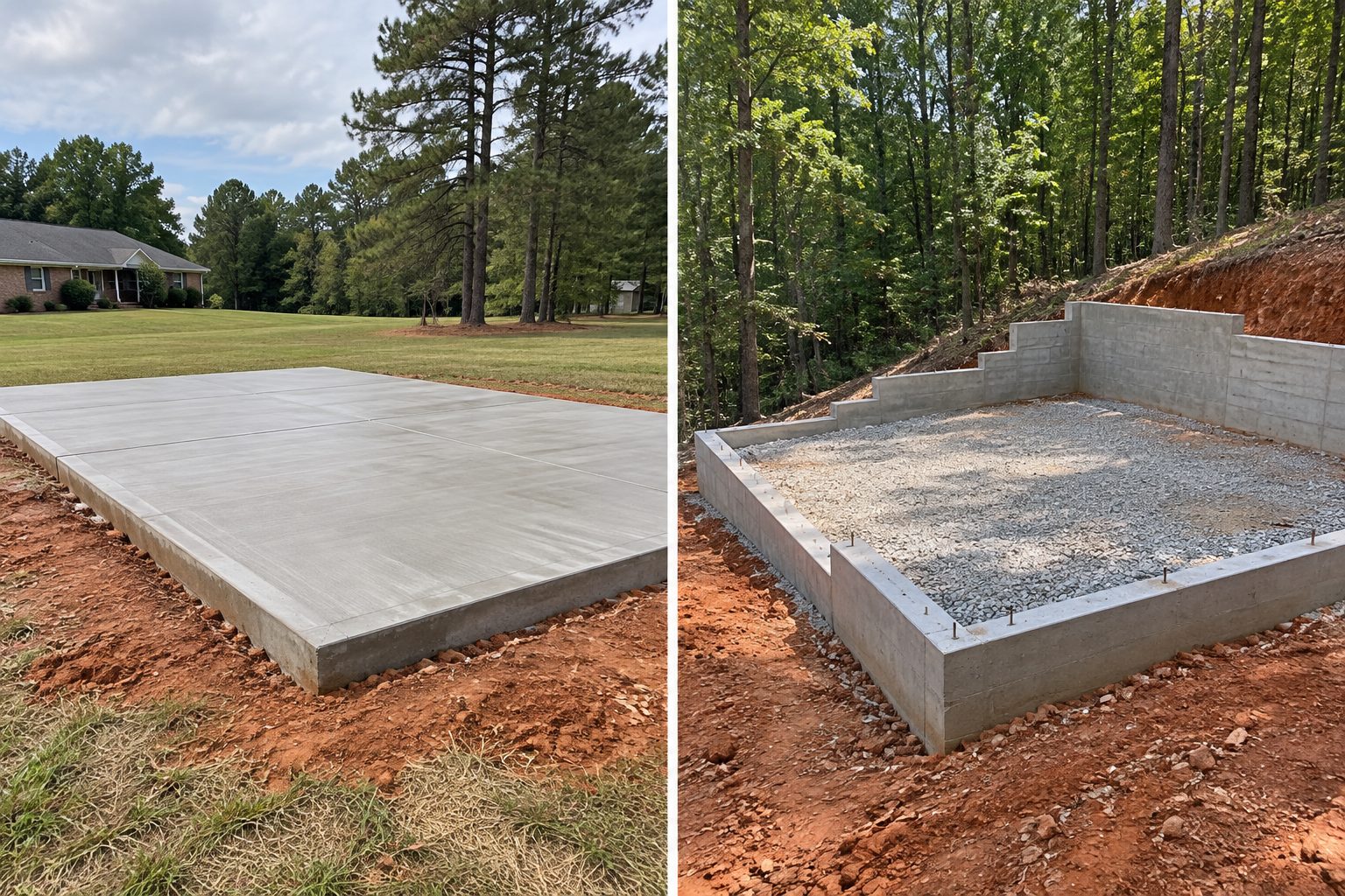 Side-by-side comparison of a smooth monolithic slab and a concrete foundation with a gravel base, stem wall, and retaining wall.
