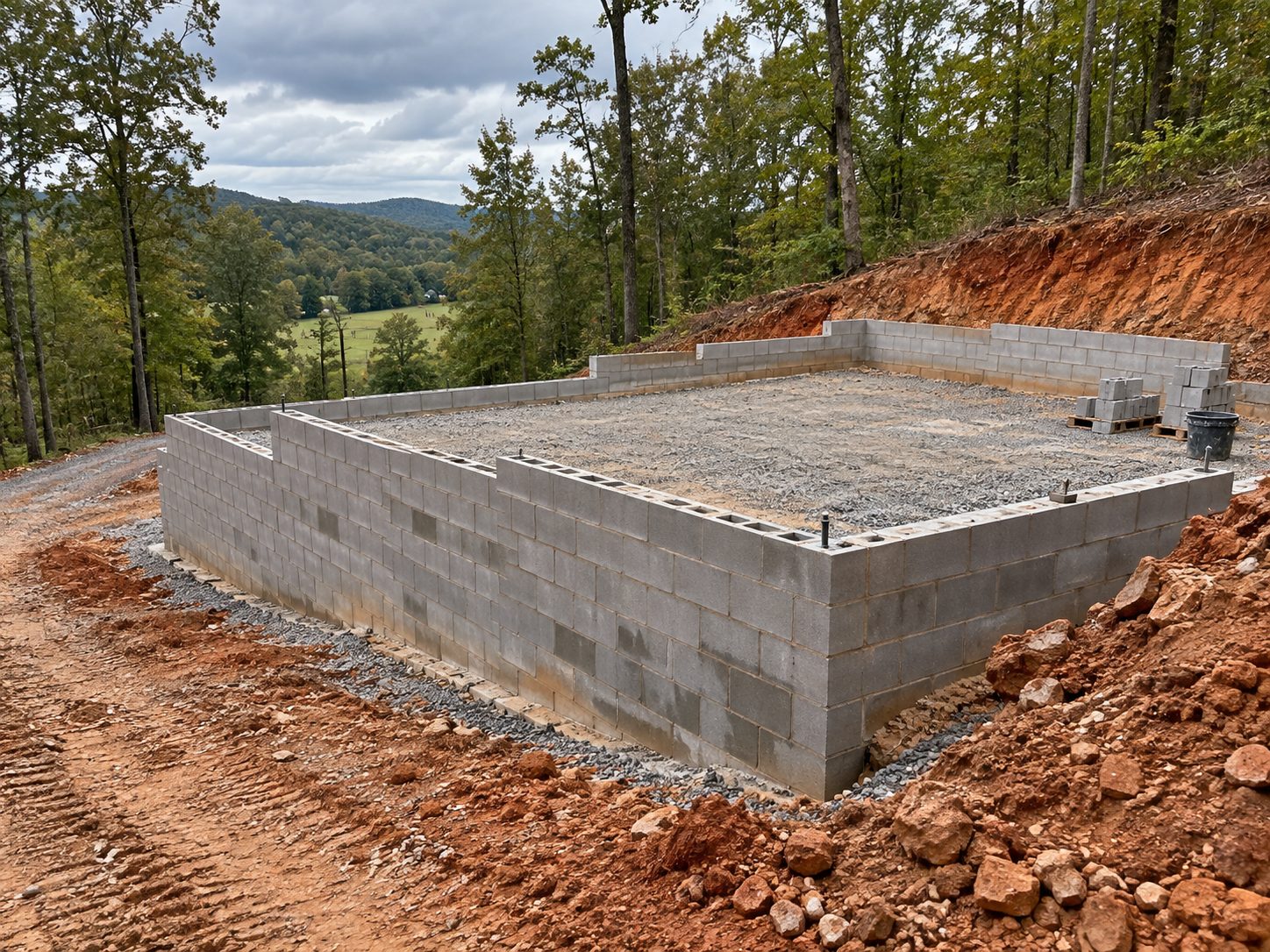 A newly laid concrete block foundation on a cleared, sloping plot of land overlooking a forested valley.